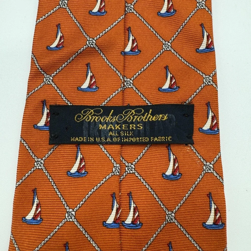 Brooks Brothers Tie Mens‎ Orange Silk Nautical Sailboat Rope Print Made USA
